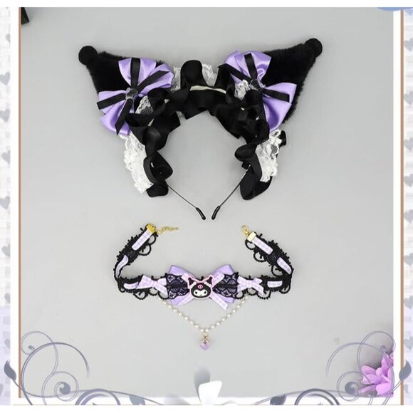 Cat Ears & Lace Necklace Cosplay Set Soft Faux Fur Plush Accessories for Costume